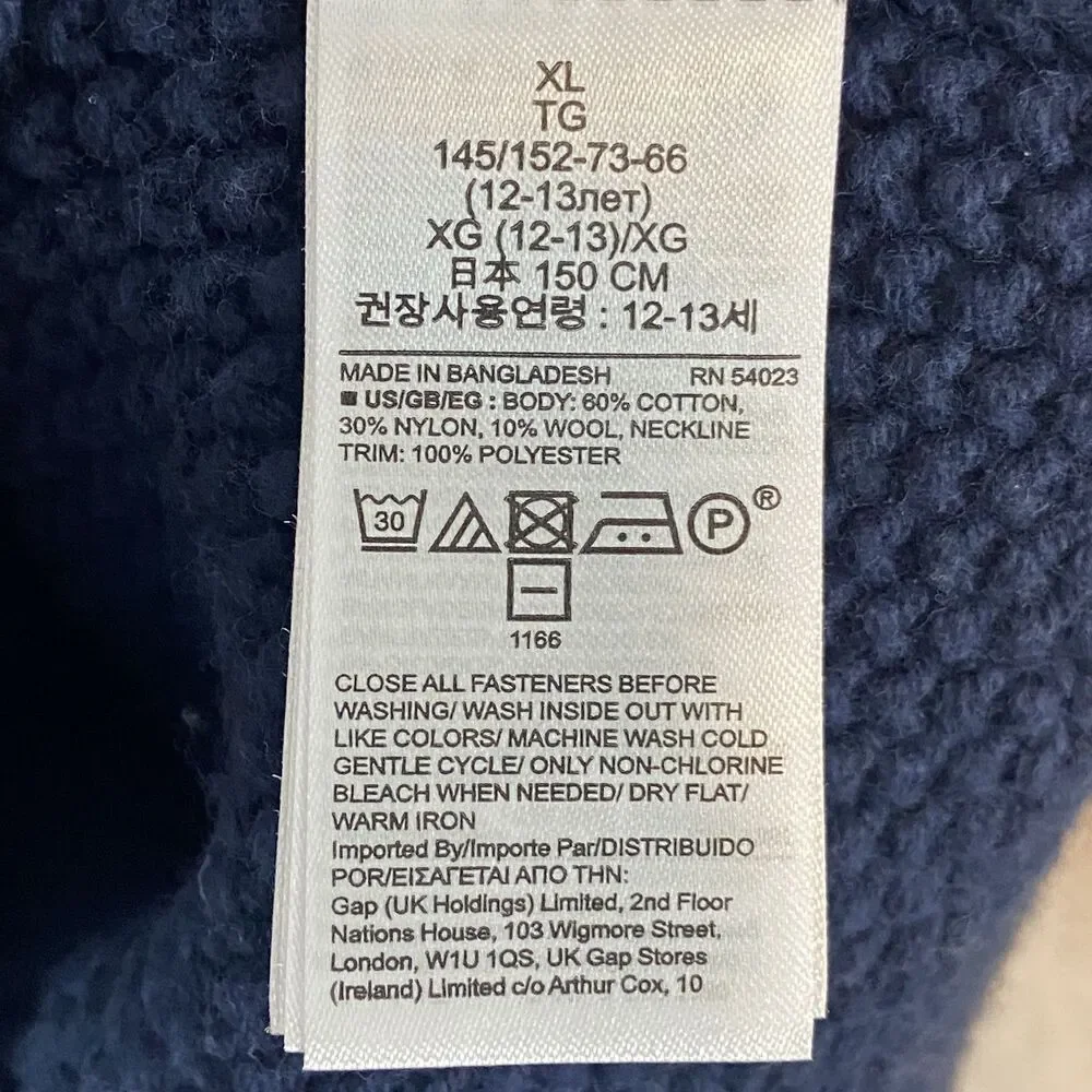 GAP Kids Chunky Cable Knit‎ Fisherman Sweaters Boys Sz XL Navy Blue Wool Preppy